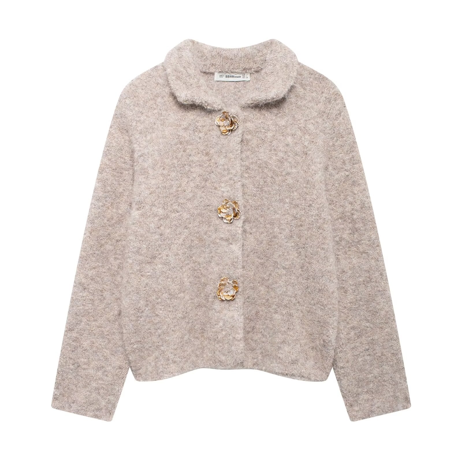 Elegant beige boucle langry cardigan with gold floral buttons