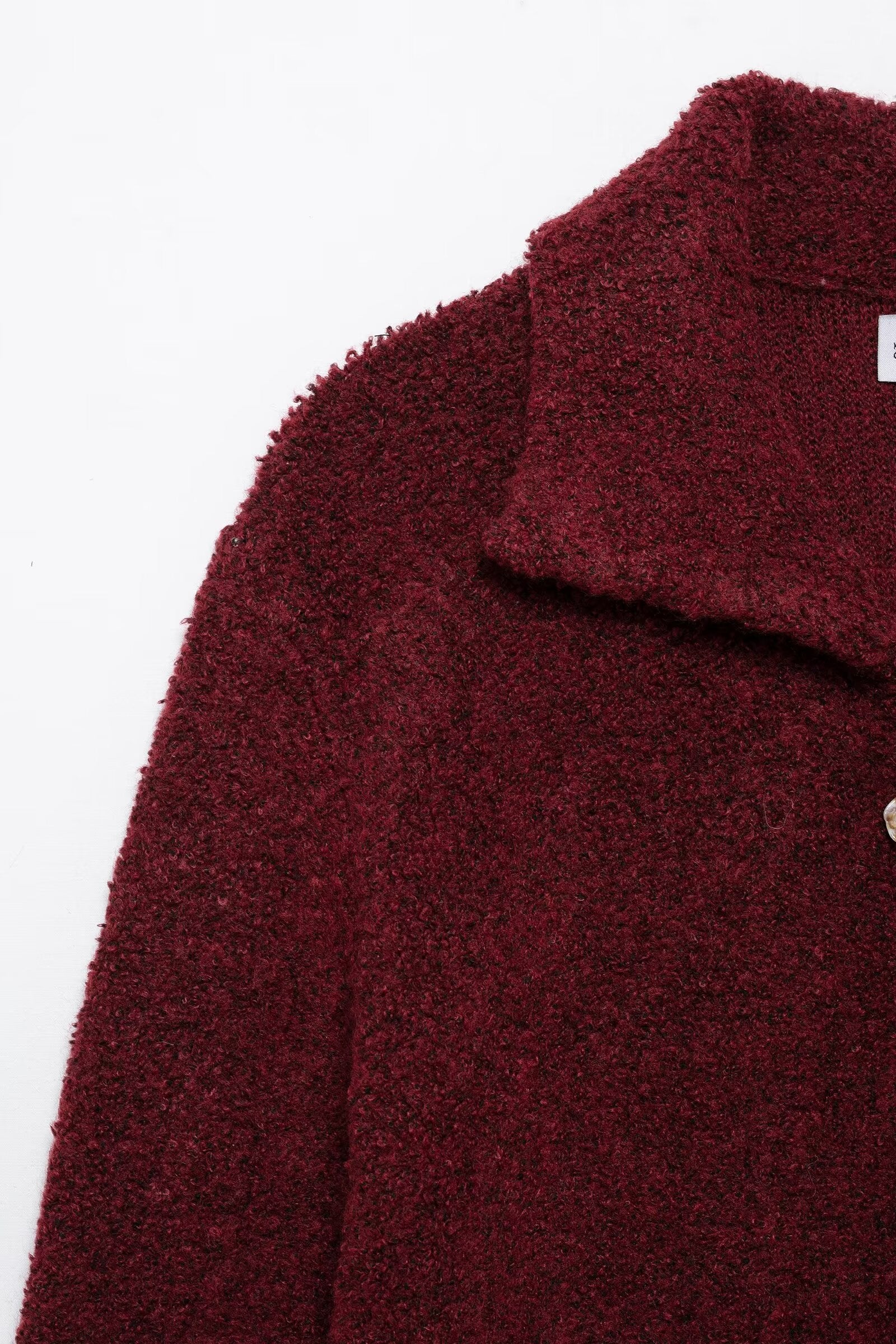 Elegant burgundy boucle cardigan with floral buttons, langry fashion ملابس