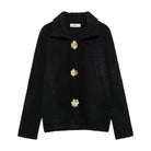 ElegAlt text: Elegant Langry fashion knitted cardigan with black fluffy sweater, floral buttons and collar._