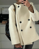 Langry fashion cream double-breasted woolen peacoat with black buttons