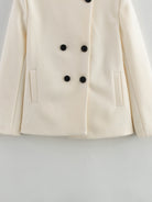 Cream double-breasted woolen coat with black buttons, Langry fashion ملابس