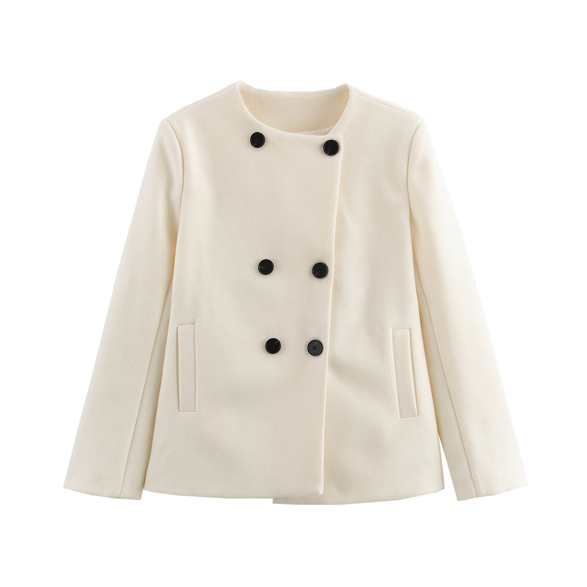 Cozy Langry cream woolen coat with black buttons, fashion apparel