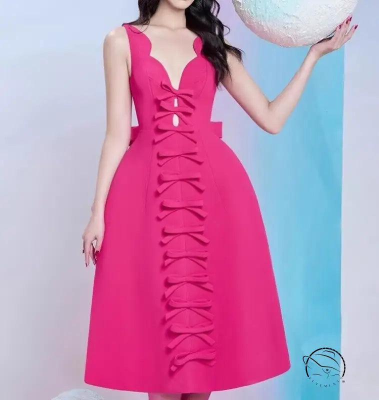 Fuchsia sleeveless stereo bowknot decoration dress with bow accents