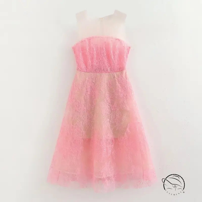 Elegant pink floral lace patchwork tulle dress