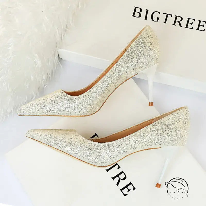 Sparkly pointed-toe langry fashion stiletto high heels