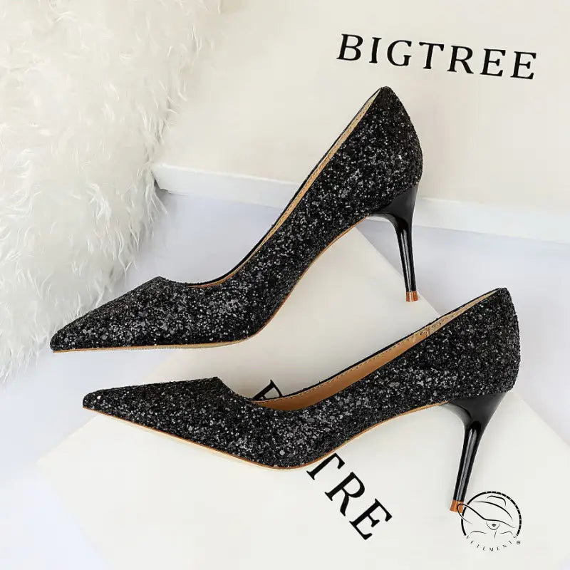 Sparkly black high heels in Langry fashion sequin stiletto style