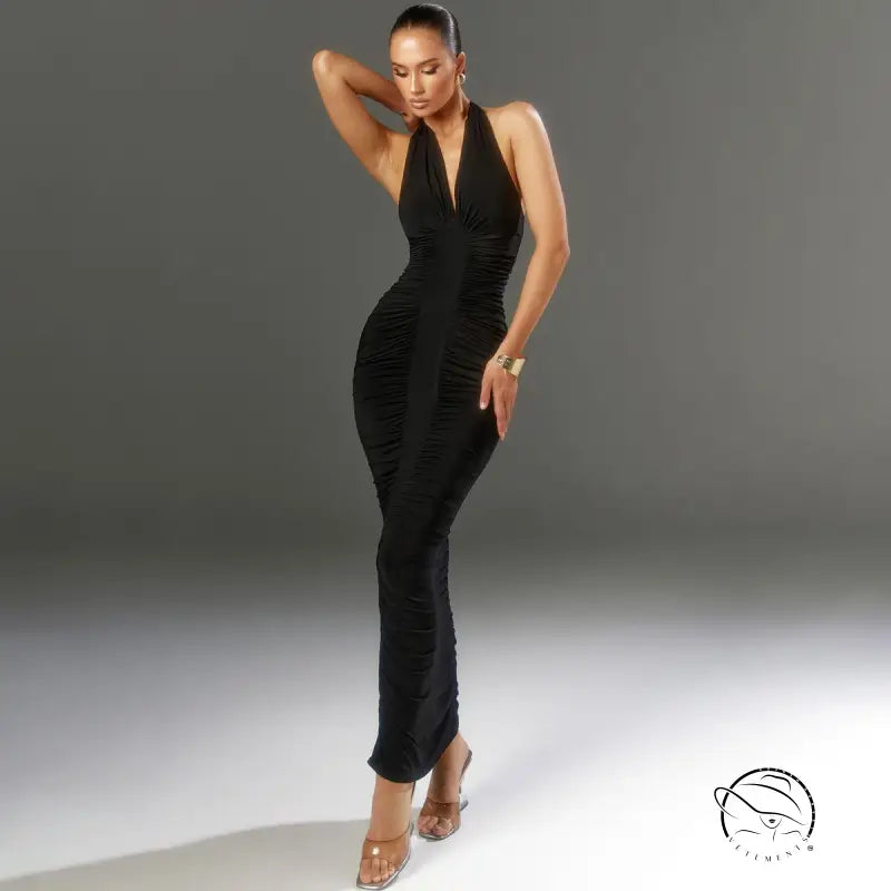 Sleek black halter-neck langry fashion bodycon dress with ruched detailing