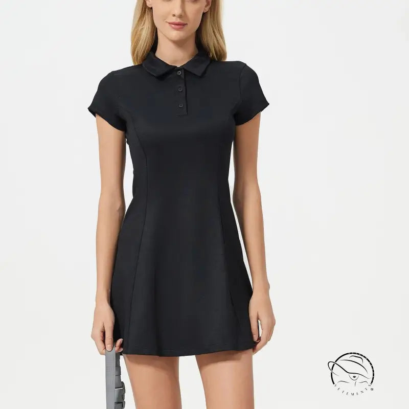 Breathable short tennis dress in black polo style with short sleeves