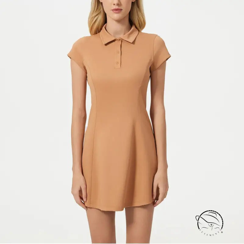 Breathable short tennis dress in peach with collared neckline