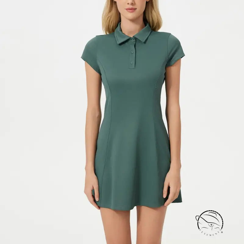 Breathable short tennis dress in green polo style with short sleeves and collar