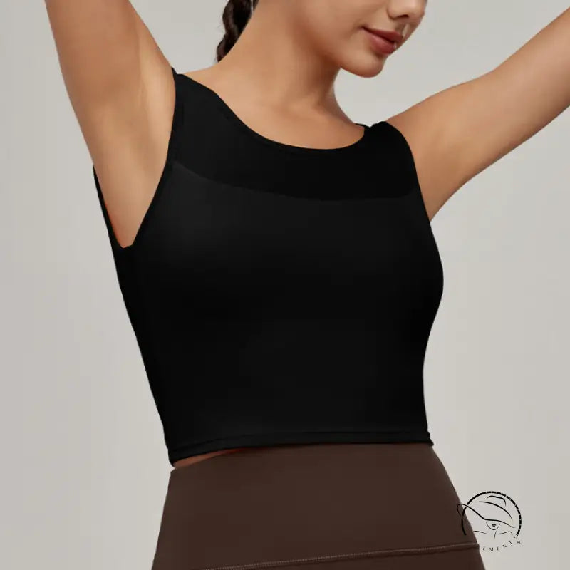 Beauty Back Mesh Workout Top: Black Sleeveless Crop with Sheer Chest Panel