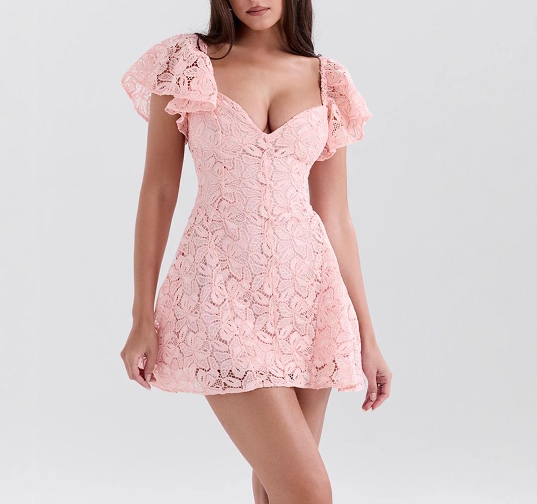 Pink lace mini dress with flutter sleeves and sweetheart neckline for elegant fashion ملابس