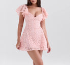 Pink lace mini dress with flutter sleeves and sweetheart neckline for elegant fashion ملابس