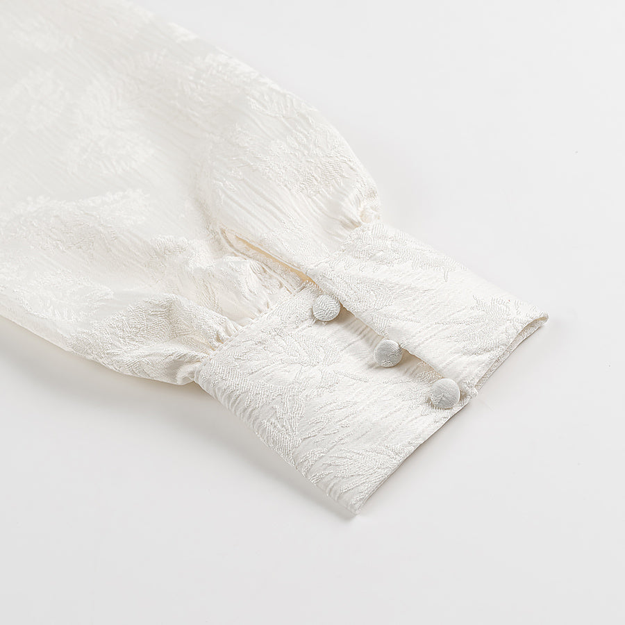 Elegant Langry fashion dress with white fur coat, pom-poms, lace detailing