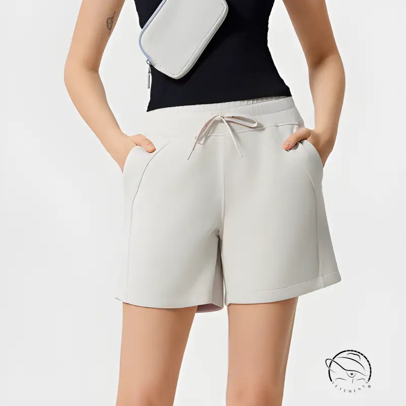 Light gray casual loose yoga shorts with drawstring and side pockets