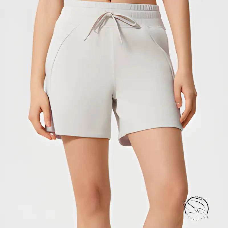 Light gray casual loose yoga shorts with drawstring waistband