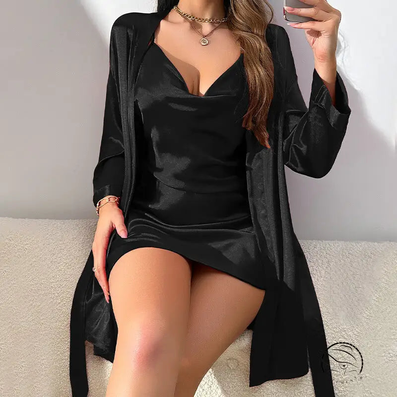 Black satin mini dress with matching long cardigan in casual imitated silk pajamas