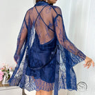 Attractive mesh nightgown in navy blue sheer lace with bell sleeves and scalloped trim