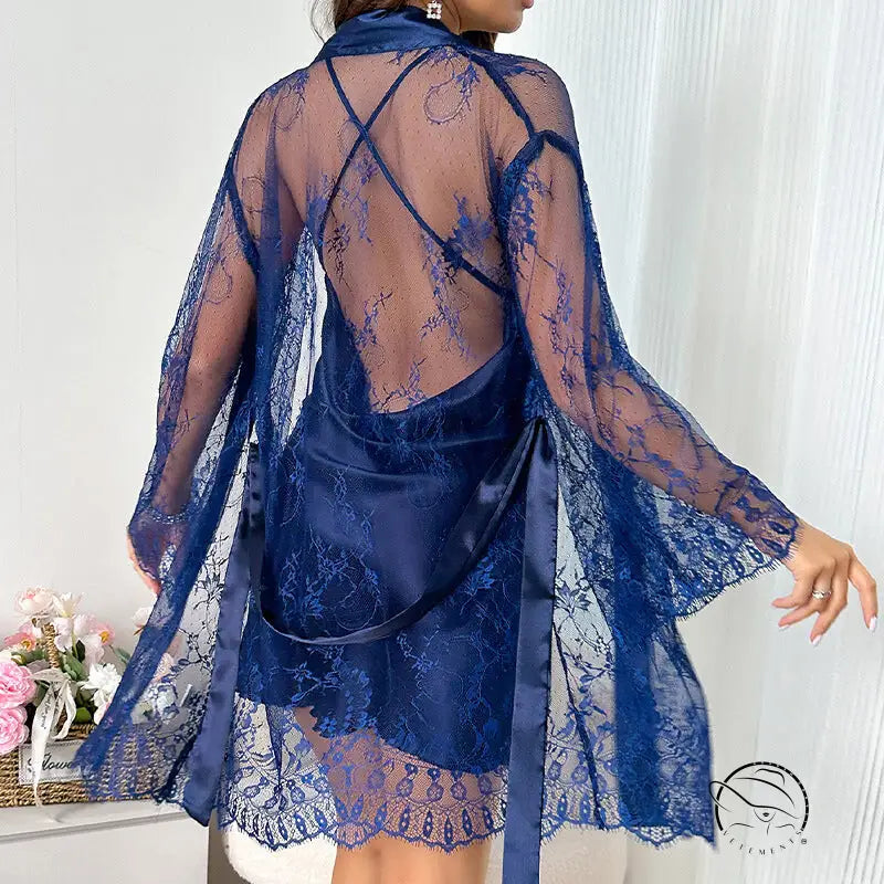 Attractive mesh nightgown in navy blue sheer lace with bell sleeves and scalloped trim