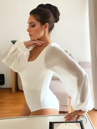 Attractive chiffon lantern sleeve jumpsuit with white bodysuit, puff sleeves, fitted silhouette
