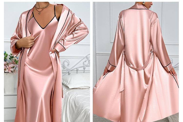 Elegant ice silk nightdress set in rose gold satin with black trim