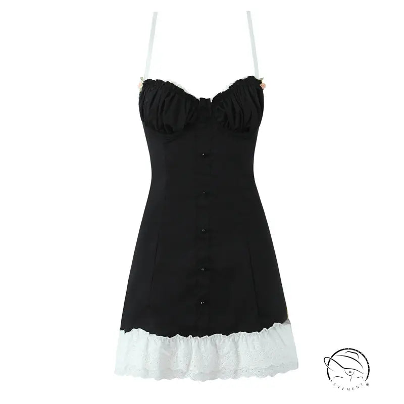 Enchanting steel bracket short dress in black with white ruffle trim