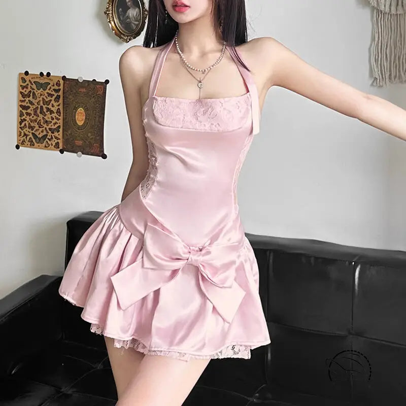 Pink attractive bow halter slim dress with lace trim and bow detail