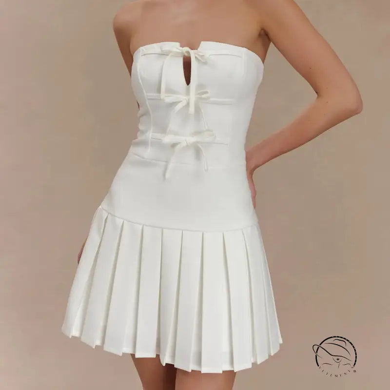 White strapless langry fashion mini dress with pleated A-line skirt