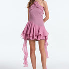 Mauve halter dress with ruffles and cascading chiffon for elegant fashion expression