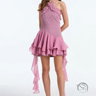 Elegant mauve halter langry fashion dress with ruffles and chiffon