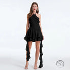 Elegant black halter-neck ruffle dress in langry fashion ملابس