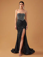 Elegant strapless sequined gown with thigh-high slit for enchanting evening fashion