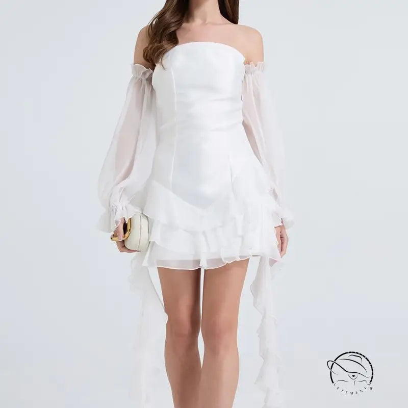 Elegant white shoulder strapless mini dress in Langry fashion