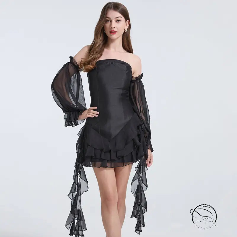 Elegant shoulder strapless black dress with sheer sleeves and ruffled hem