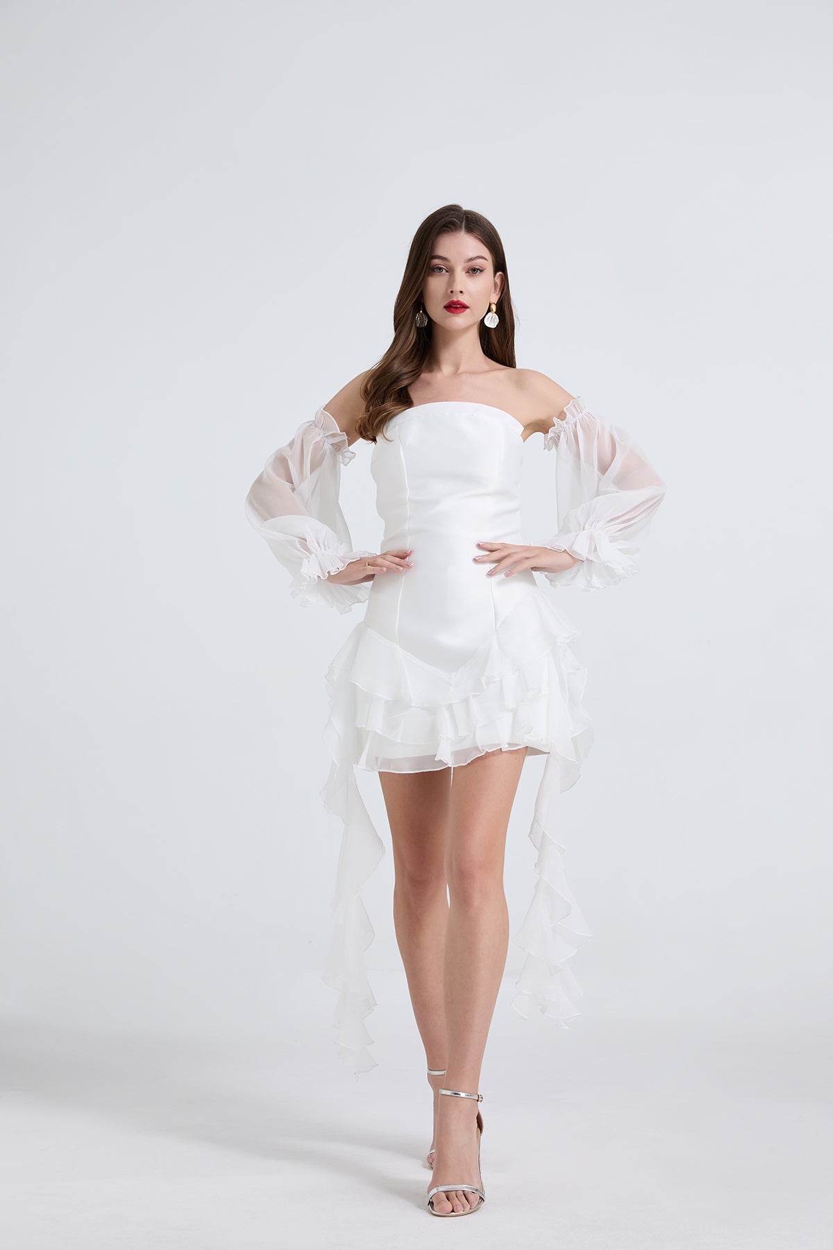 Elegant white off-the-shoulder dress for women, perfect for langry and modern fashion ملابس
