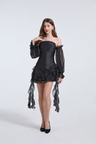 Black off-the-shoulder mini dress with sheer sleeves for elegant fashion ملابس