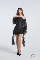Elegant black strapless shoulder mini dress with long sheer sleeves