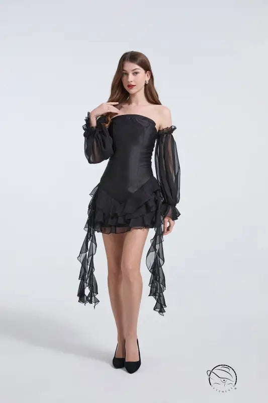 Elegant black strapless shoulder mini dress with long sheer sleeves