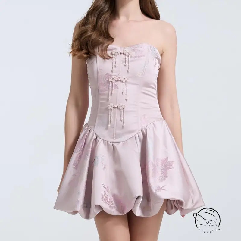Langry embroidered pearl and diamond strapless pink mini dress in fashion ملابس