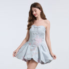 Strapless light blue floral dress from Langry, perfect for elegant fashion choices