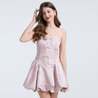 Embroidered Pearl And Diamond Strapless Little Dress in pink satin, perfect for fashion lovers