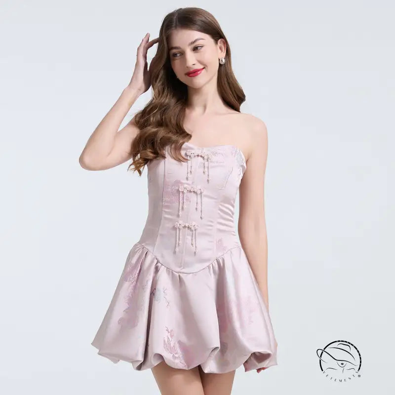 Langry embroidered pearl and diamond strapless pink satin mini dress in fashion ملابس