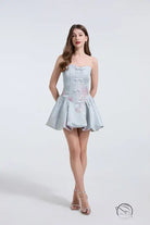 Langry embroidered pearl and diamond strapless light blue mini dress