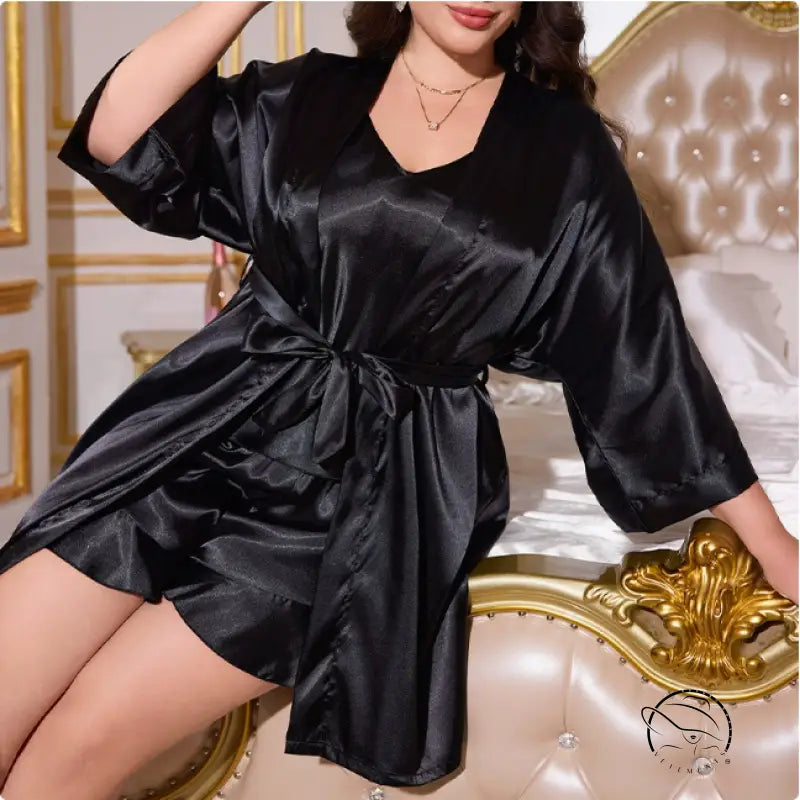 Black satin v-neck robe with tie waist in langry fashion nightwear