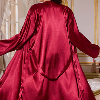Langry red satin robe with long sleeves and ruffled hem, luxury fashion loungewear
