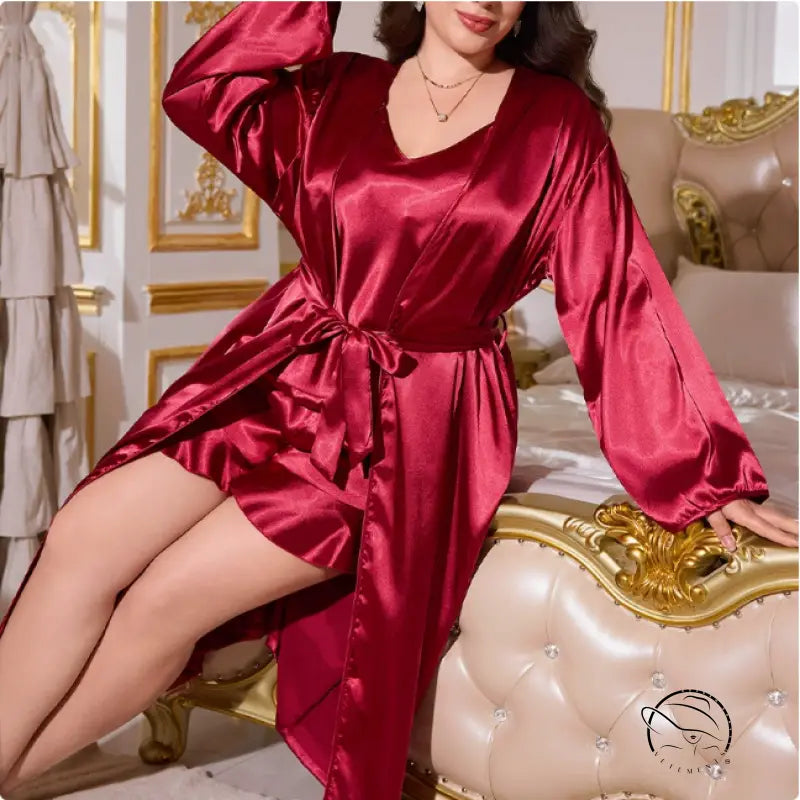 Red satin robe with bell sleeves in Langry fashion skirt set