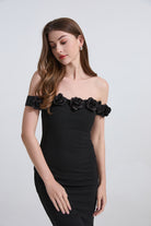 Black off-the-shoulder Enchanting Flower Slim Fit Slit Dress with rose embellishments