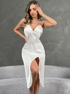 Elegant white satin langry nightdress with deep v-neck and high slit