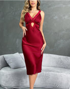 Rich red satin midi dress with lace trim and cutout, sling lingerie fashion