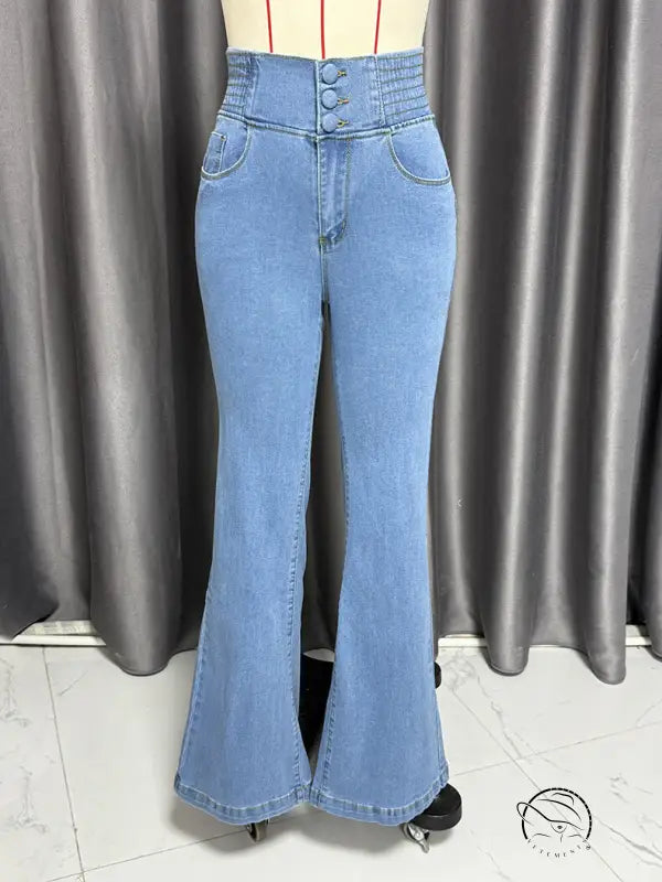 High-waisted light-blue flared jeans with beautiful stretch hip lifting denim